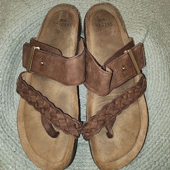 Earth Origins Braided Print Toe-Post Sandals Onida Brown BarkSuede Sz 9 Comfort - Picture 2 of 7